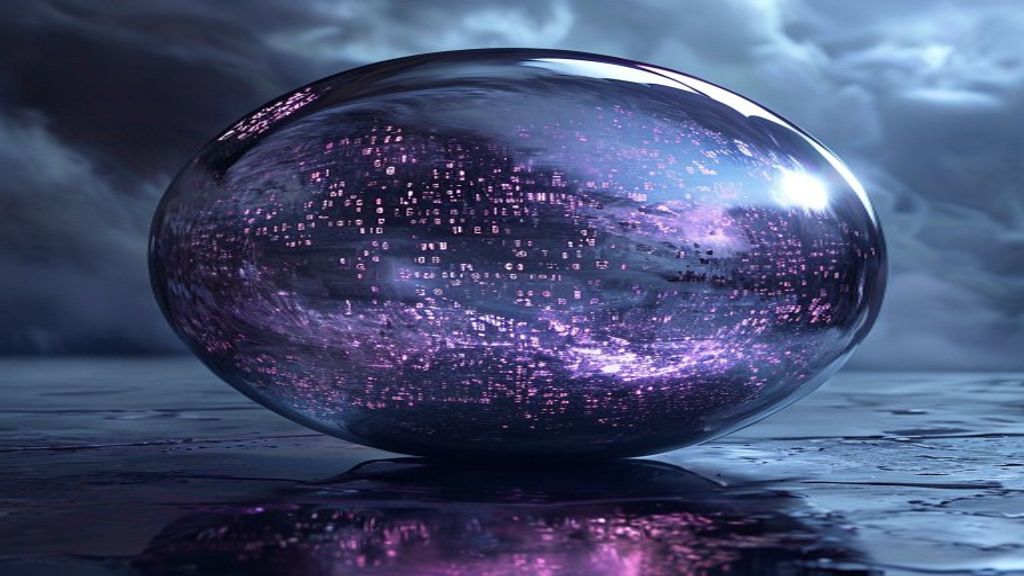 A modern abstract representation of a digital trap: a polished chrome sphere reflecting a chaotic storm of binary light.
