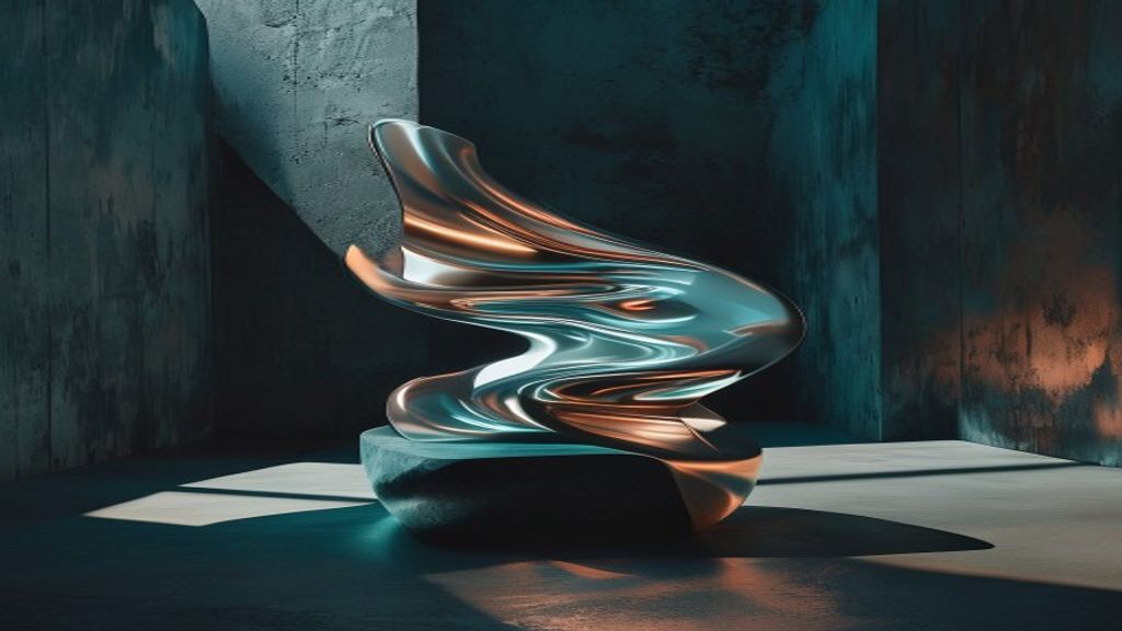 A minimalist sculptural form made of flowing liquid chrome, positioned in a dark brutalist space. Harsh side-lighting cr