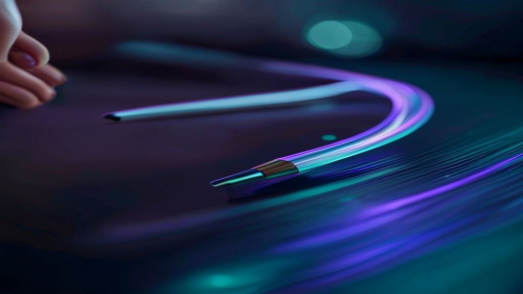 Close-up of a futuristic stylus gliding across a matte black glass interface. A vibrant trail of light follows the tip i