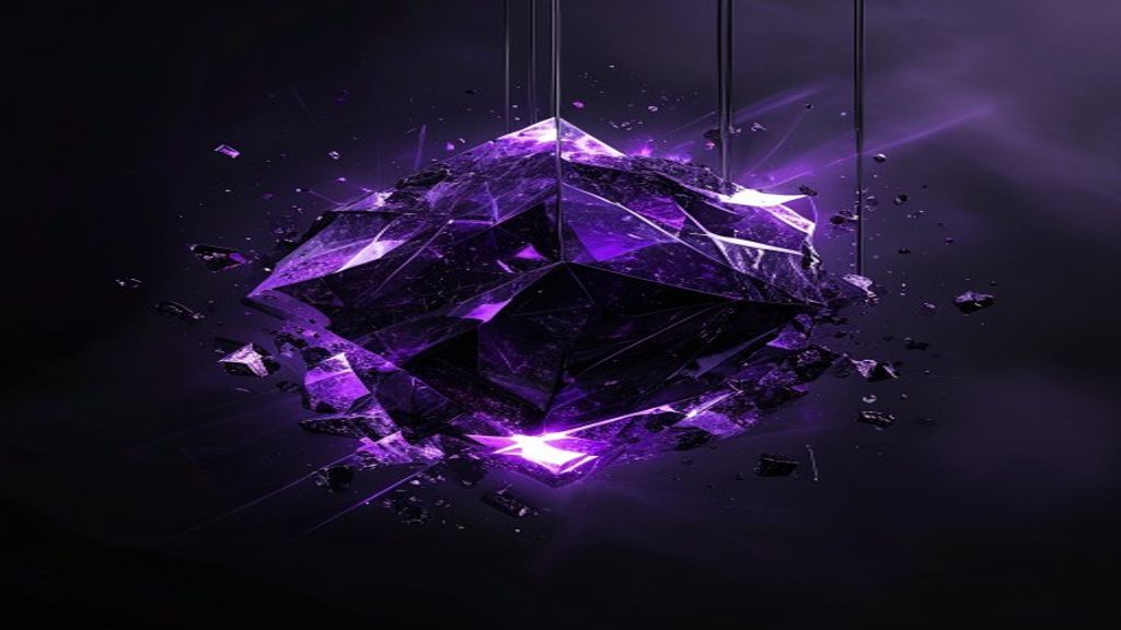 A suspended geometric core composed of shifting obsidian fragments and radiant violet light. Modern abstract composition