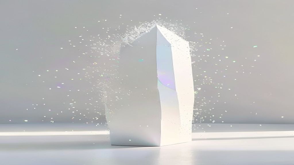 A minimalist 3D sculpture of a solid geometric monolith shattering into a million glowing data points in a pristine whit