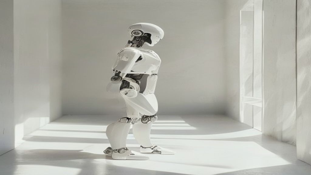 Modern architectural shot of a sophisticated robotic form in a minimalist white gallery. Soft natural light casting long