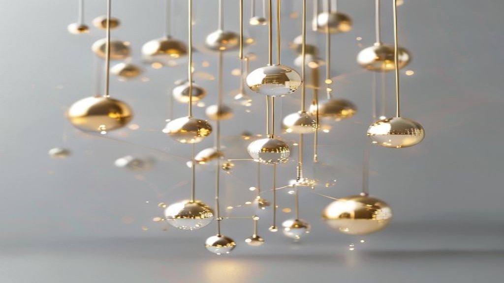 A photorealistic, minimalist visualization of a digital neural network as a series of suspended gold and platinum metall