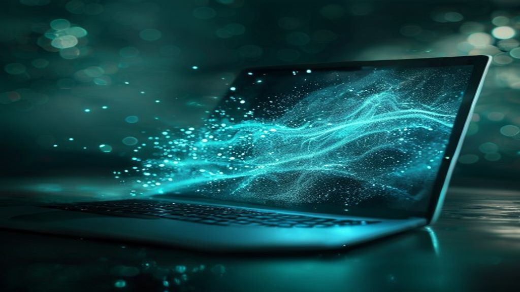 Photorealistic shot of a sleek, modern laptop screen emitting a ghostly, glowing holographic wave of binary energy. Deep
