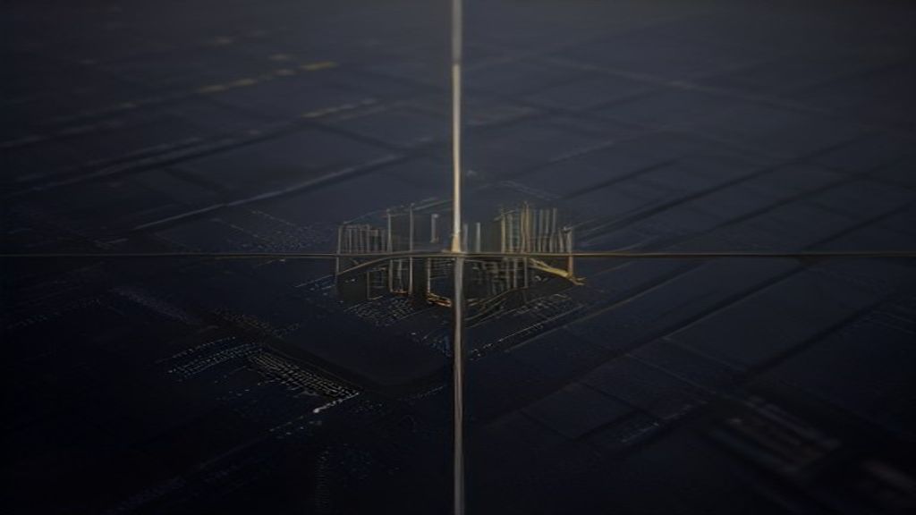 Abstract visualization of a single golden data stream weaving through a complex grid of matte black cubes. Volumetric li