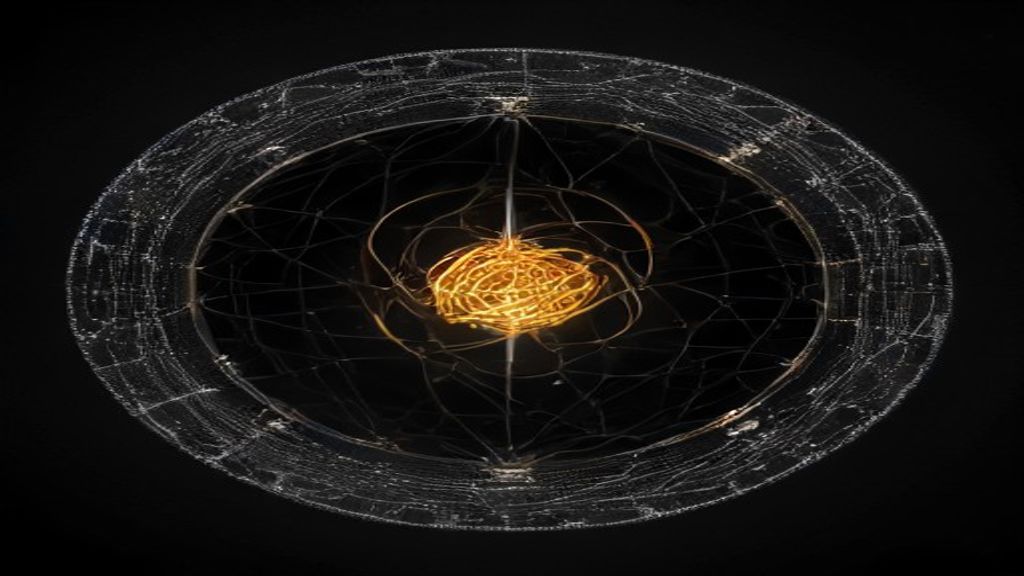 Abstract visualization of a tiny, glowing digital core suspended in a void. Intricate gold and silver circuitry filament