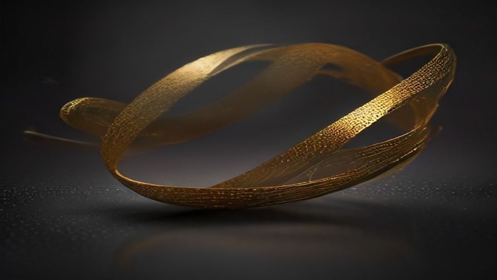 Abstract photorealistic visualization of a digital Möbius strip made of flowing binary gold and silver filaments. Deep c