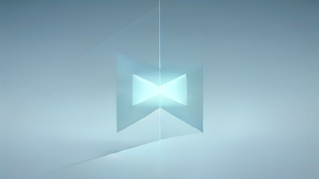 A wide architectural shot of a futuristic, minimalist digital nexus. Floating geometric prisms intersecting in a white v