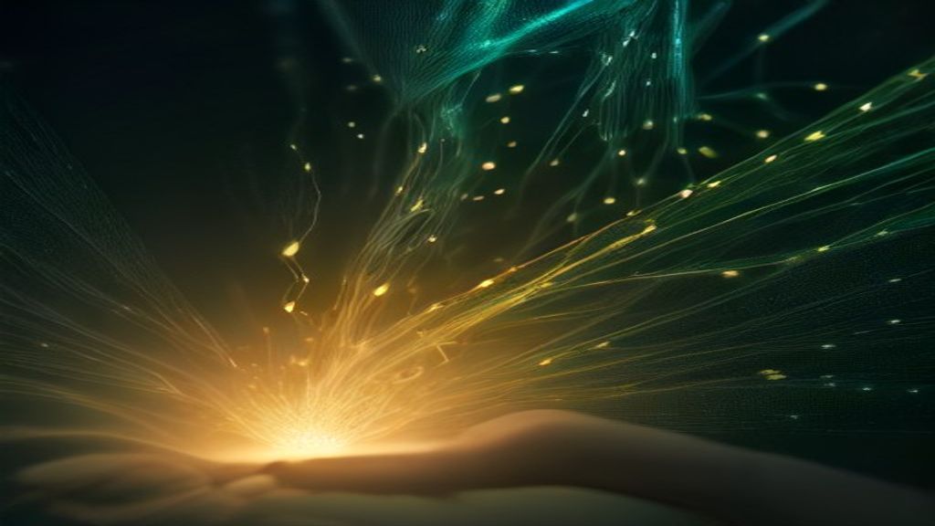 Modern abstract visualization of a human hand silhouette merging with digital circuitry. Shimmering gold particles conne