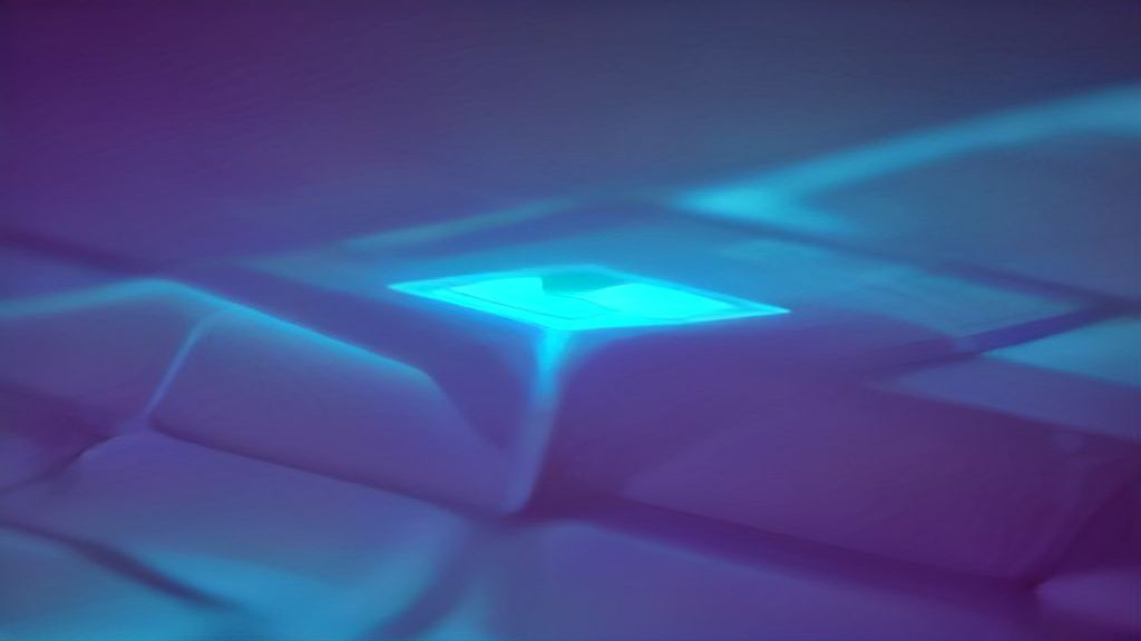 Abstract close-up of iridescent liquid metal flowing into a complex 3D city grid. Neon cyan and violet lighting, sharp f