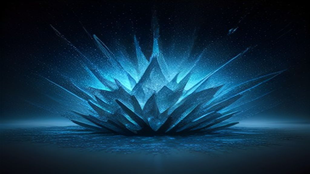 Modern abstract composition of a digital canvas shattering into thousands of tiny, glowing crystalline shards. Each shar