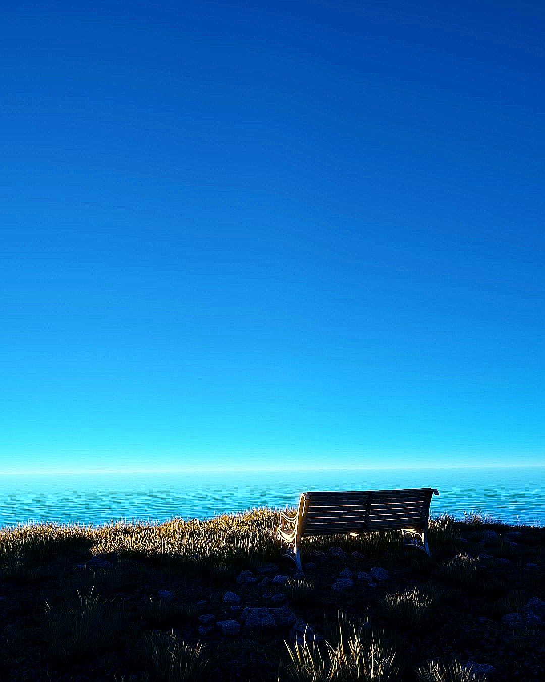 A bench sitting on top of a grass covered hill