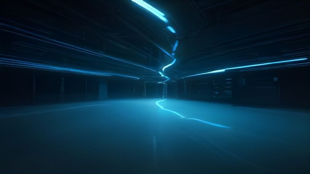 A wide cinematic shot of a futuristic server rack array. Neon blue and orange light strips illuminating a dark, reflecti