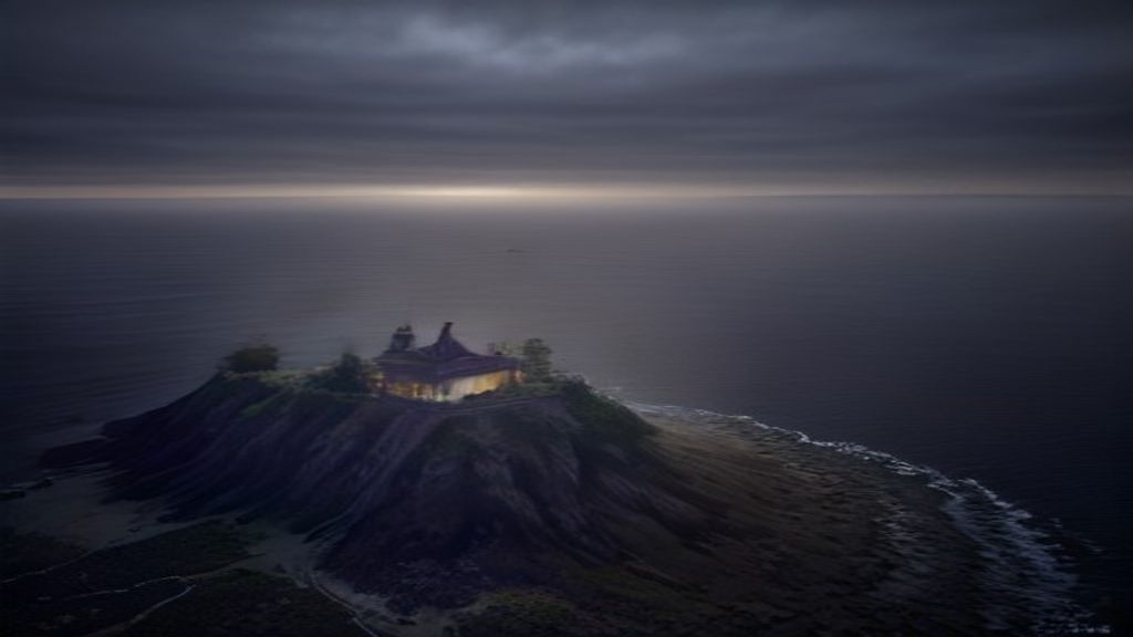 Photorealistic aerial view of a coastal signal tower. Intricate layered screens casting complex moiré shadows across a d