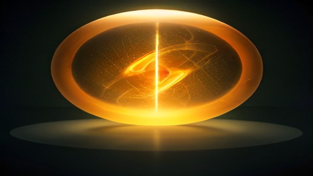 A futuristic, translucent glass core pulsing with a warm amber light, surrounded by orbiting rings of shimmering data pa