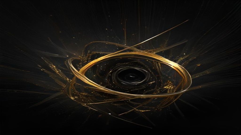 Abstract representation of a neural network as flowing liquid gold and chrome ribbons weaving through a dark space. Dyna