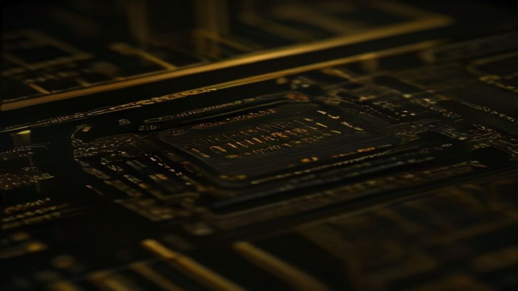 A photorealistic macro shot of a high-end GPU circuit board. Ethereal, golden data streams flow like liquid light, weavi