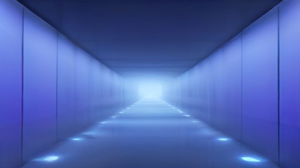 A futuristic architectural corridor of mirrored glass and light beams. Symmetrical perspective showing a seamless loop o
