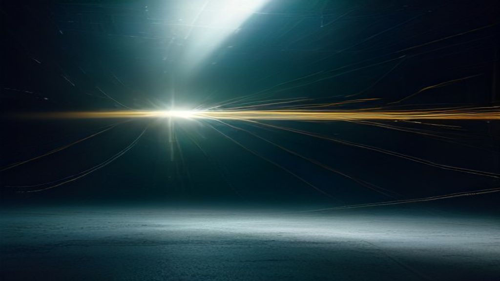 Photorealistic wide shot of a digital stream of golden distorted particles passing through a sleek, metallic laser grid,