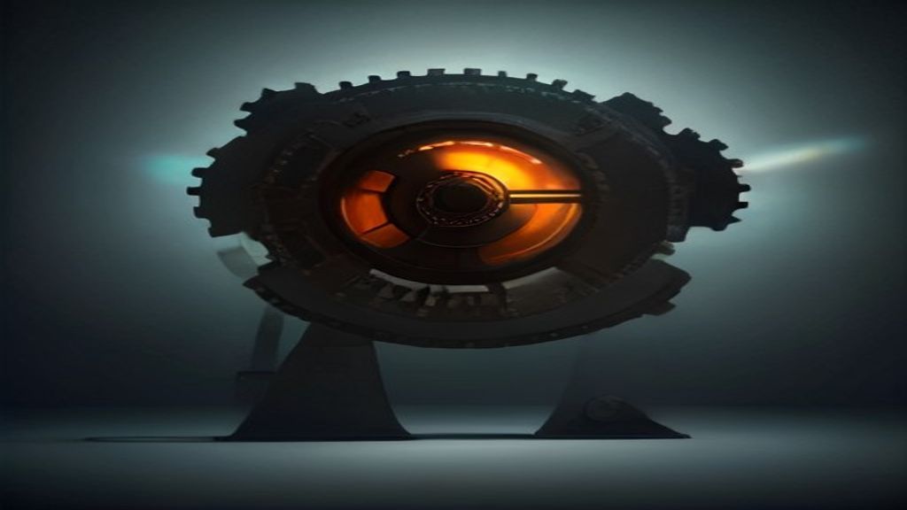 A minimalist, photorealistic composition of a heavy rusted gear being replaced by a floating, translucent holographic pr