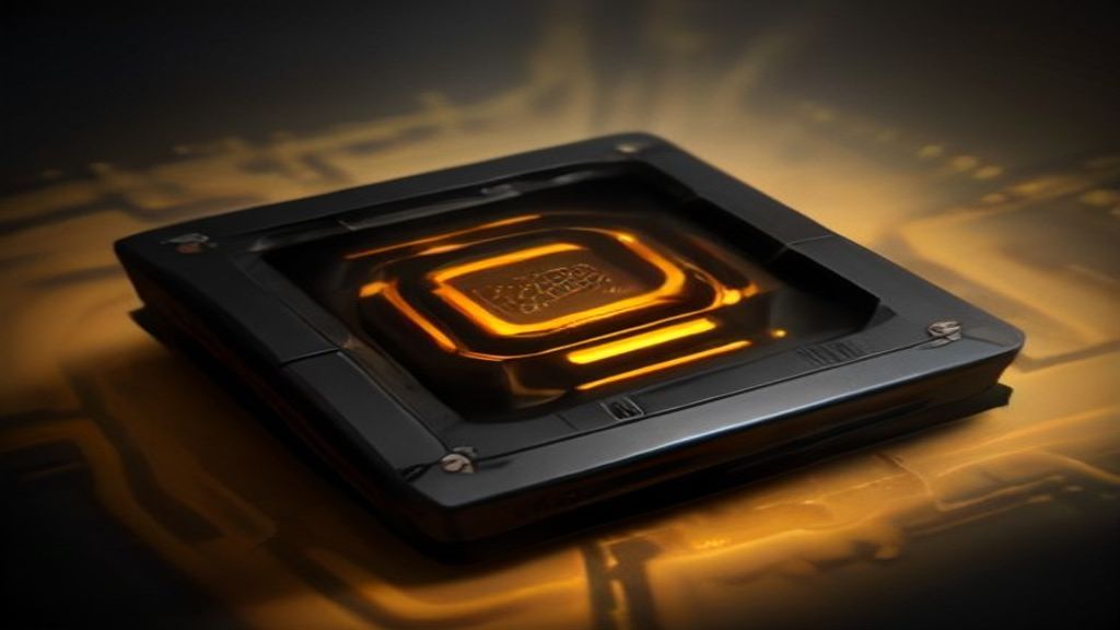 A macro shot of a futuristic processor chip with glowing liquid gold pathways flowing like veins. Cinematic top-down vie