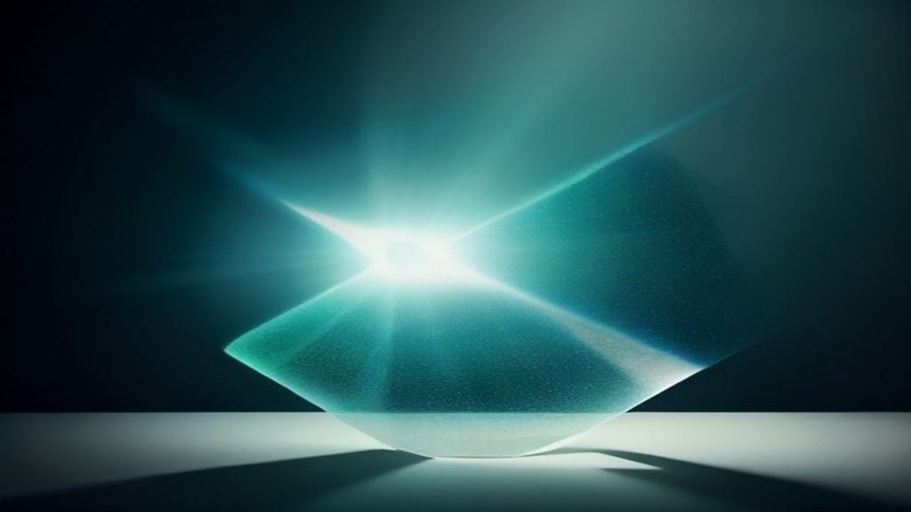 A macro photorealistic shot of a translucent glass prism refracting a beam of light into a precise, singular line. Dark 