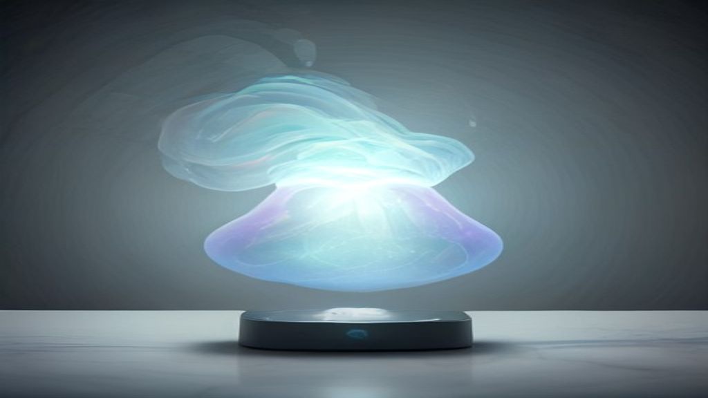 A modern smart-home hub on a minimalist marble surface. Soft ambient light flowing through the device as a translucent, 