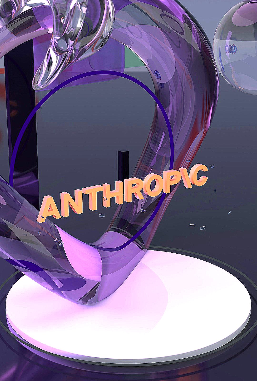 Anthropic text with purple glass structure on a white platform