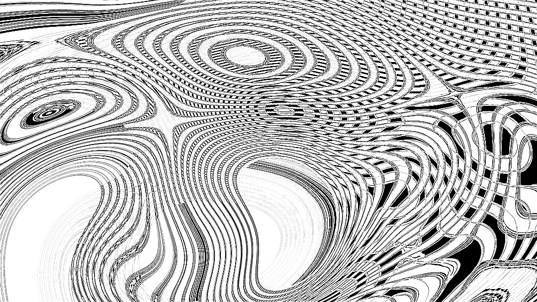 Abstract black and white swirling pattern with circles and dots