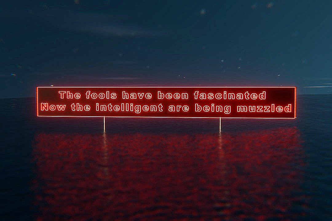 Red neon sign over water at night