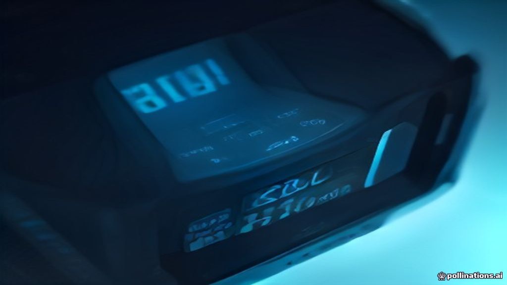 Cinematic close-up of a futuristic metallic weapon interface. Glowing neon blue data streams erupting from a sleek carbo