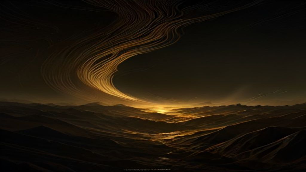 A vast, abstract digital landscape of glowing golden neural networks forming a topographic map. Low-angle perspective, d