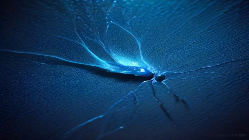 Abstract macro shot of liquid chrome merging with organic brain-like coral structures. Electric blue pulses of light flo