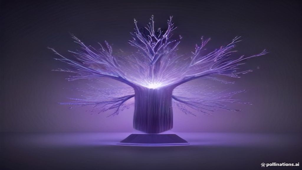 Abstract 3D visualization of a decision tree made of floating iridescent crystalline spheres and silver filaments. Soft 