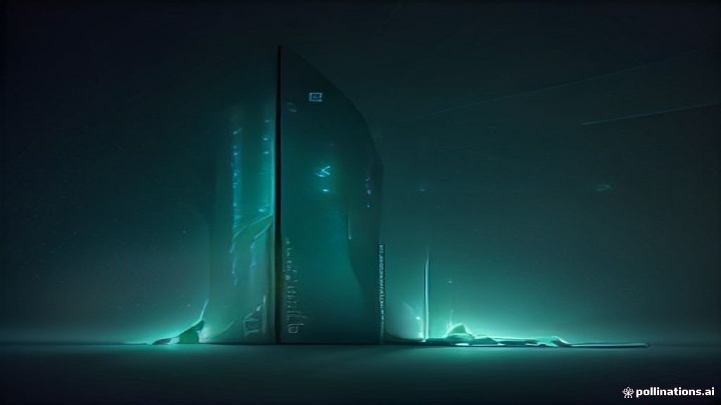 Abstract architectural visualization of two glowing data monoliths exchanging shimmering geometric shards of light. Deep