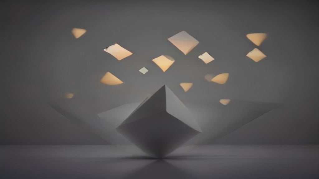 Abstract modern composition of floating translucent geometric shards organizing themselves from chaos into a perfect gri