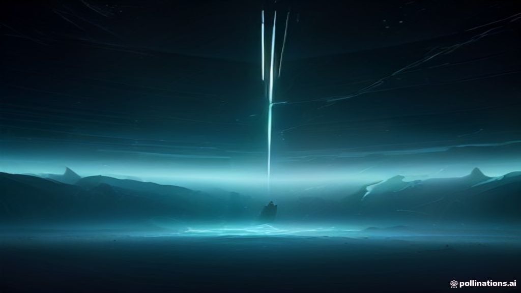 A vast, futuristic digital landscape featuring glowing neon data streams ascending toward a shattered glass ceiling. Atm