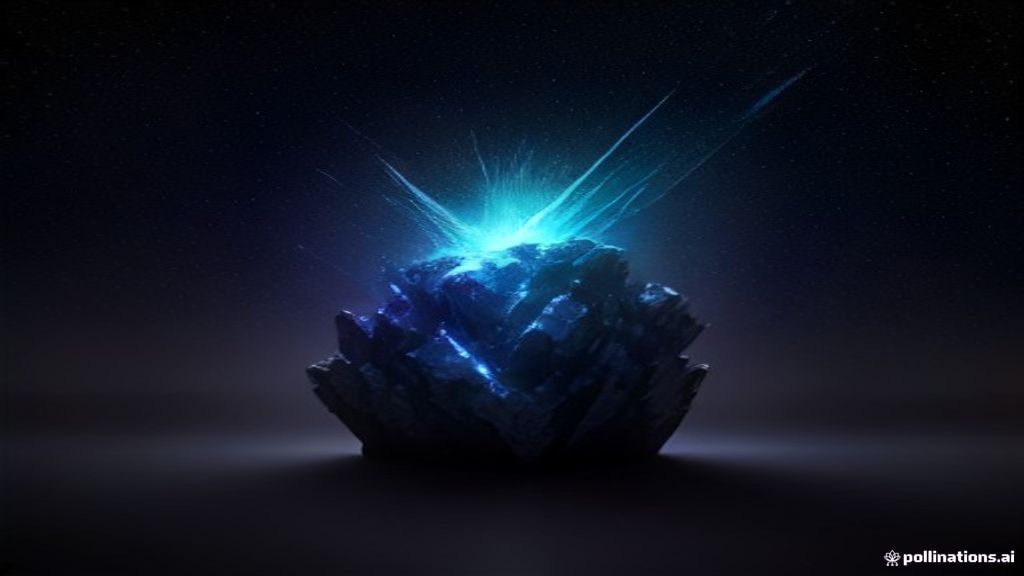 Abstract modern visualization of data streams escaping a collapsing monolith. Shards of iridescent glass and flowing liq