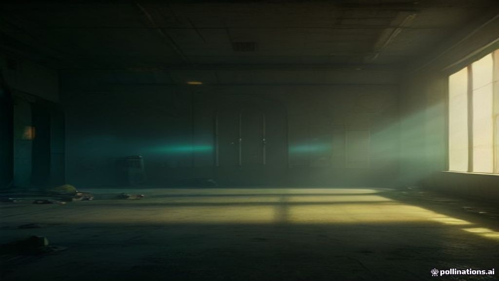 A futuristic server room in ruins, with a single glowing golden anchor floating in the center. Ethereal light beams pier