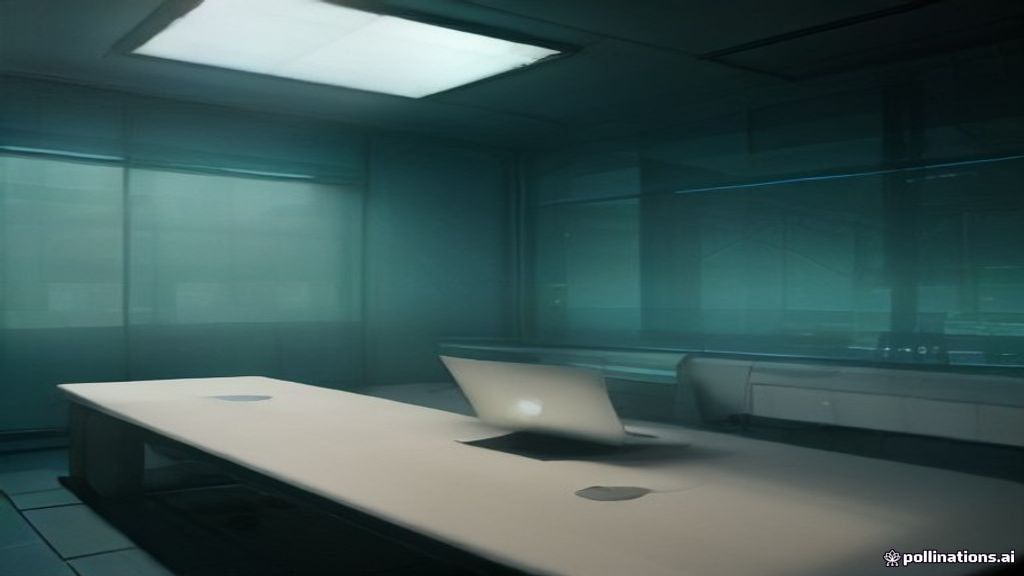A wide cinematic shot of a futuristic glass workspace. A floating holographic interface of interconnected nodes and geom