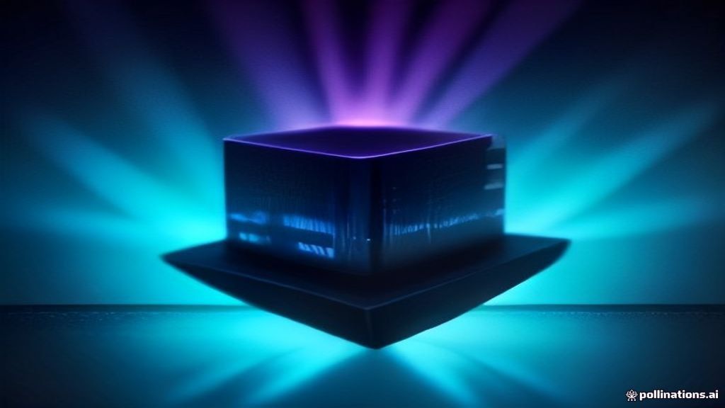 A high-tech macro shot of a sleek, matte-black server chip emitting a holographic projection of a digital sky. Cyan and 