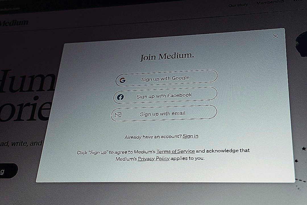 Join medium sign-up screen with google, facebook, and email options