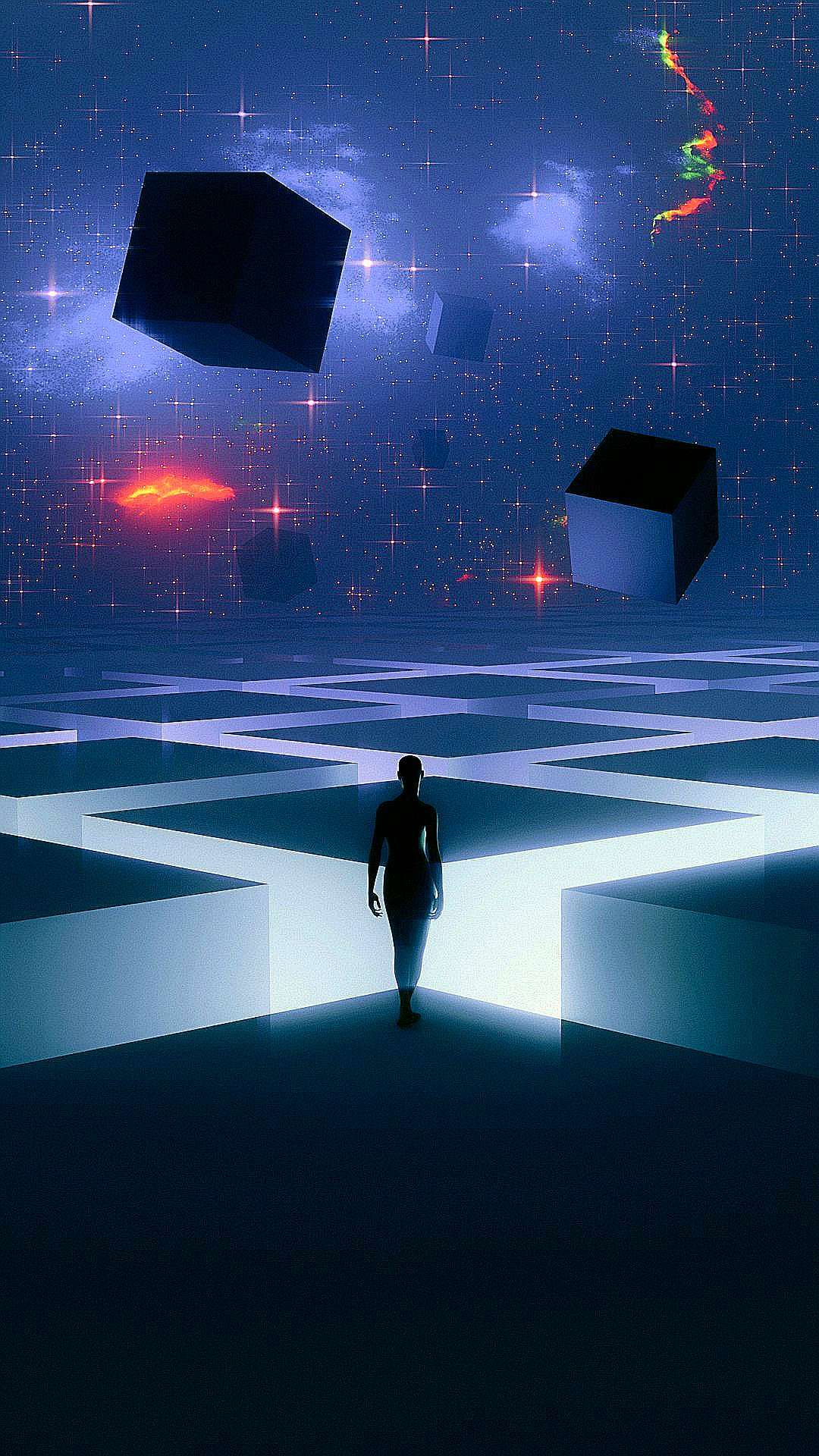 A silhouette of a person walking through a glowing grid under floating cubes