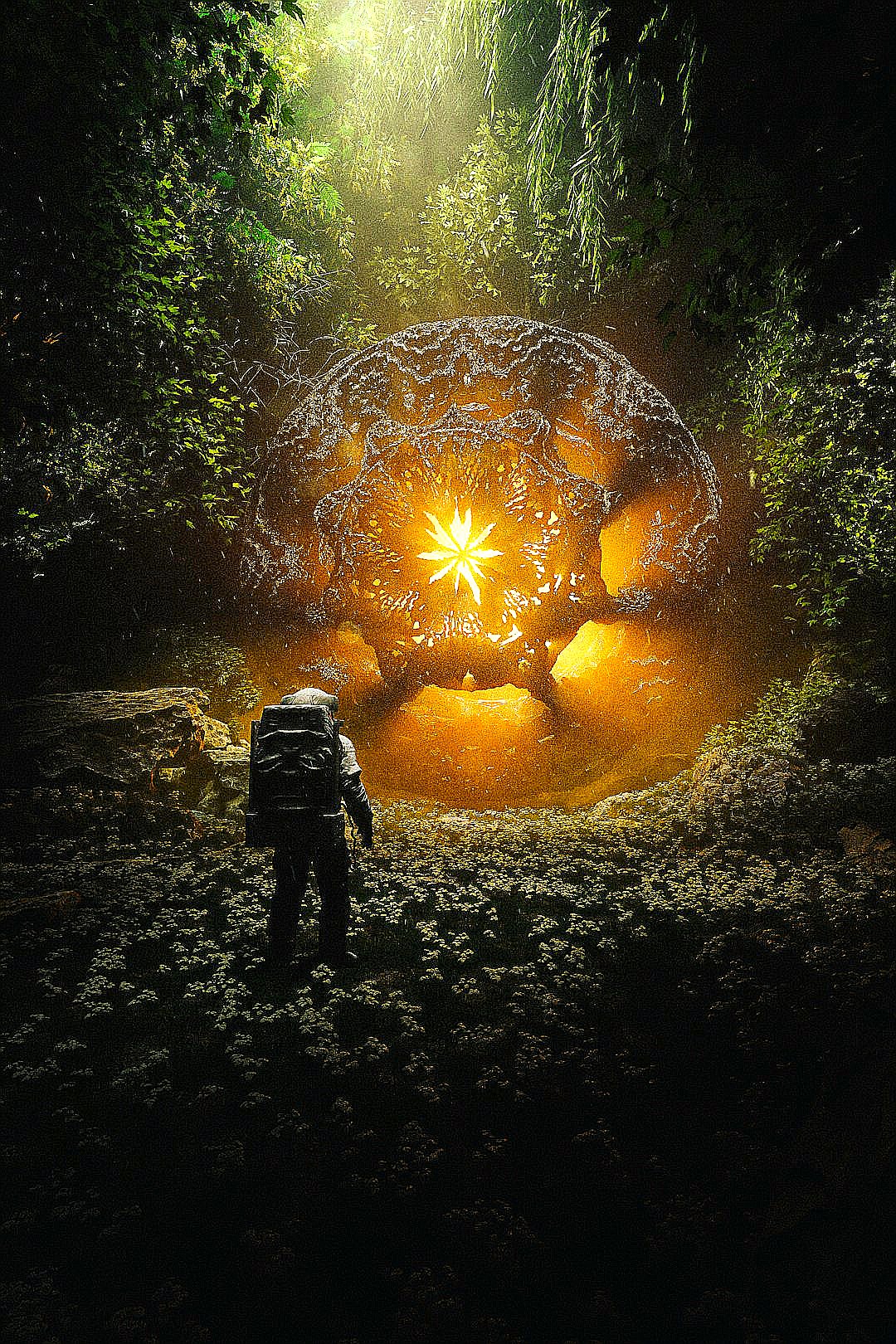 a man standing in front of a giant object in the middle of a forest