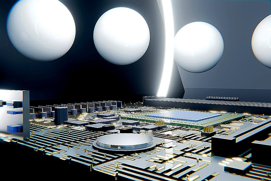 Futuristic circuit board with floating white spheres and glowing arc