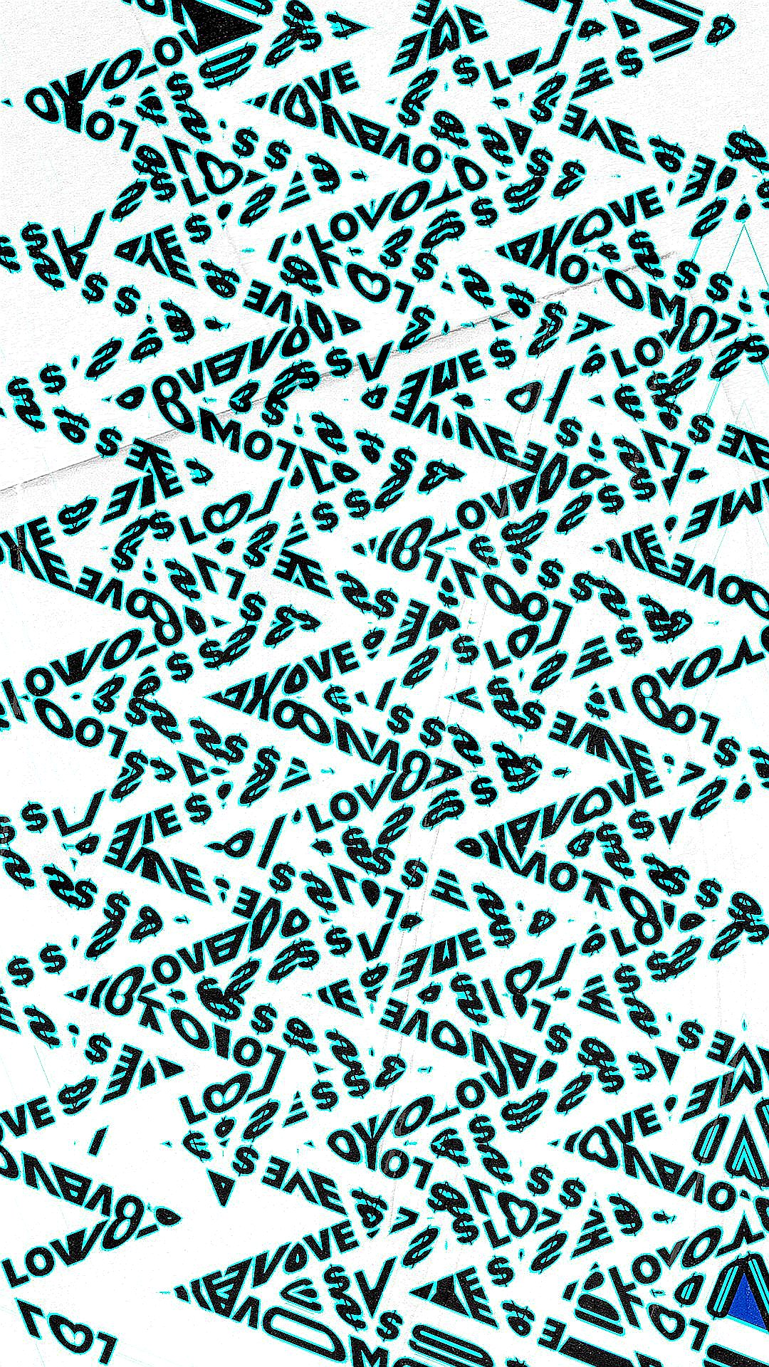 Black and cyan text and symbols scattered across a white background