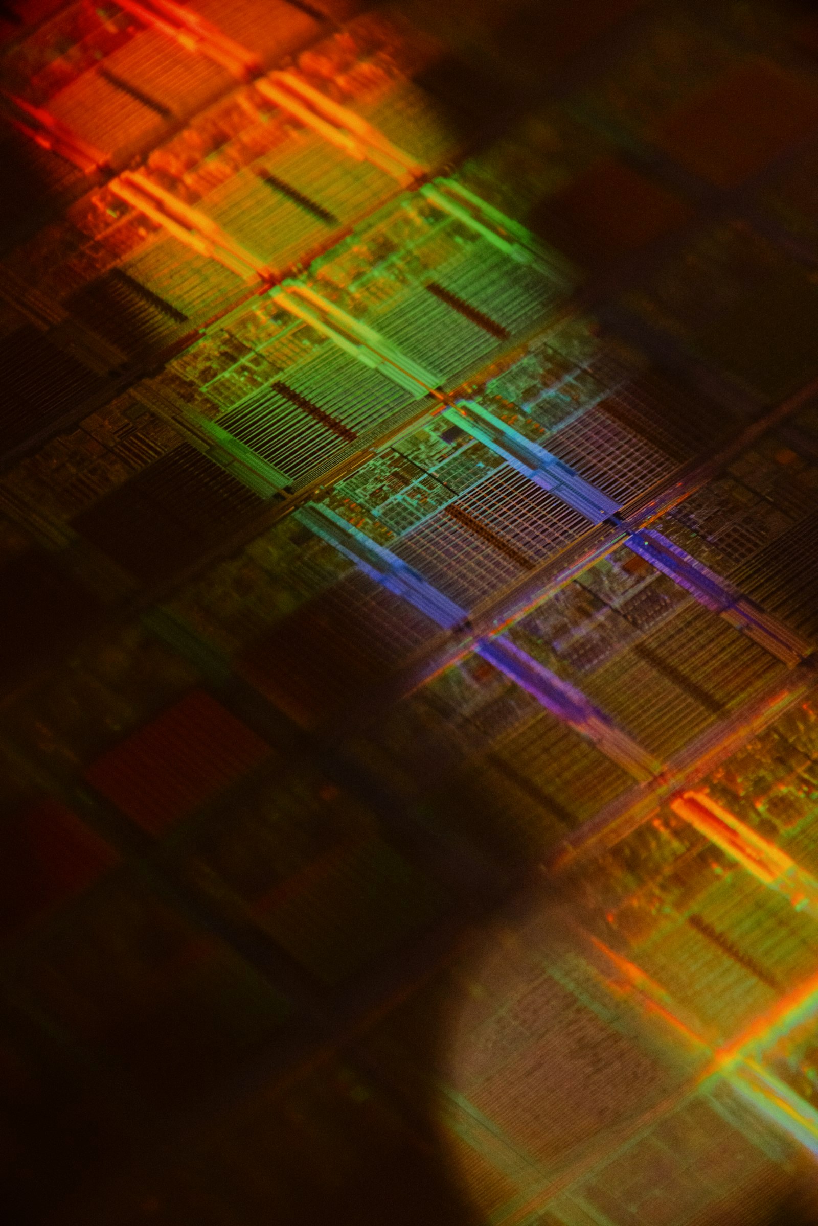 A multicolored image of a computer chip