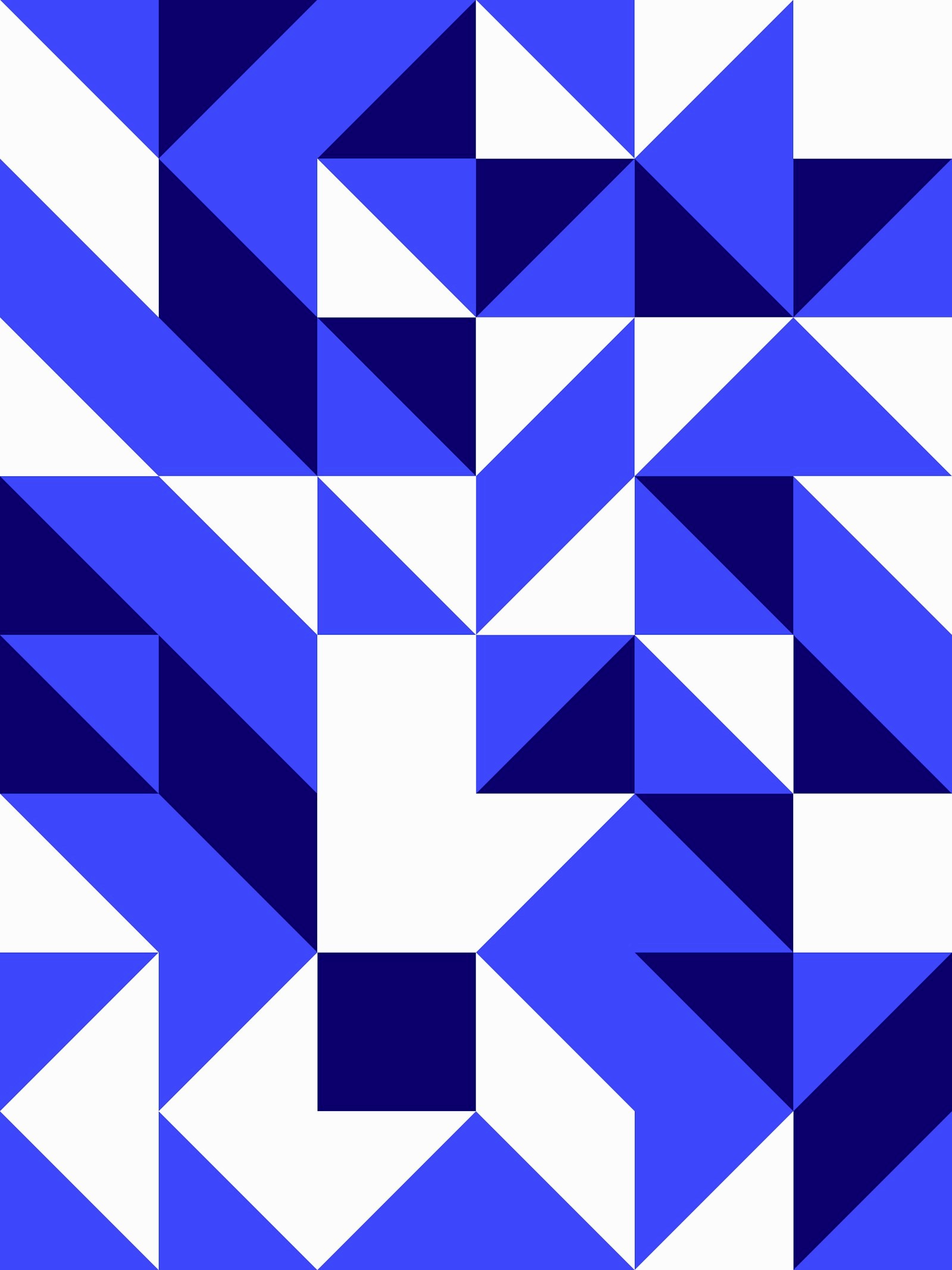 A geometric pattern of blue and dark blue triangles on a white background